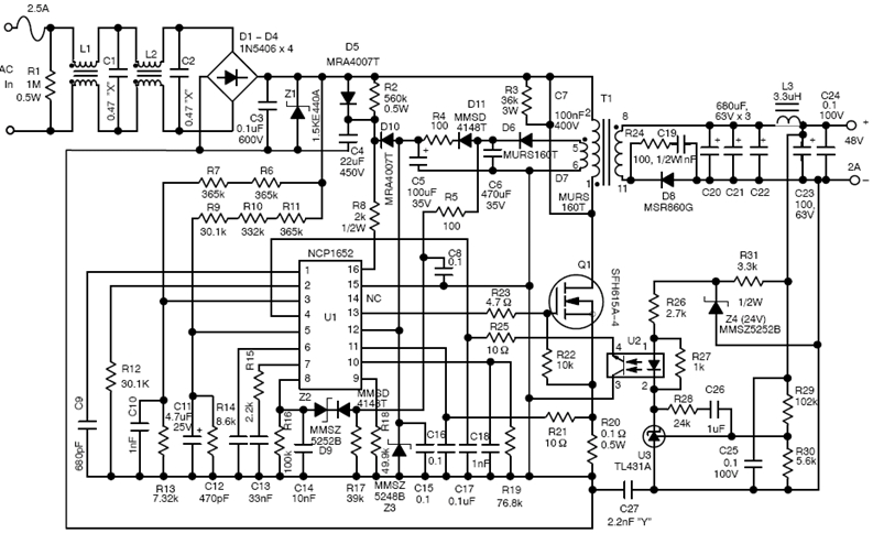 圖5:基于NCP1652單段式PFC控制器的50 W-150 W AC-DC LED方案