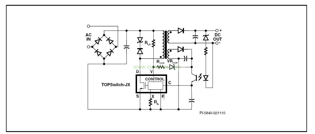 圖 1. 具有初級(jí)檢測的輸出過壓保護(hù)、輸入欠壓鎖存、輸入過壓關(guān)斷及可設(shè)定流限值功能的典型TOPSwitch-JX反激式電源