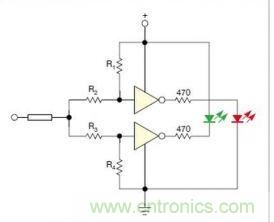 在雙門構成的CMOS/TTL兼容探頭中，R1至R4電阻網絡對反相器輸入端做偏置