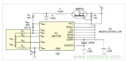 圖1:測(cè)量電路測(cè)三個(gè)點(diǎn)的值,微控制器就可以計(jì)算出傳感器值。