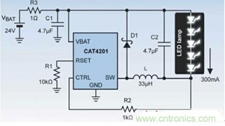 圖2:使用CAT4201驅(qū)動5個1W的LED