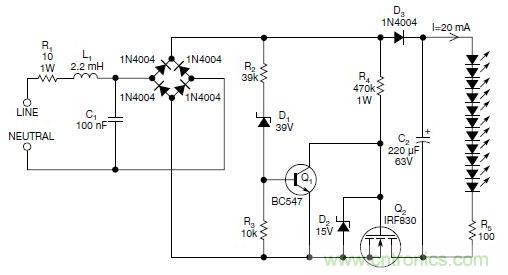 圖2：斬波工作類似圖1中的電路，但以較大的LED串聯(lián)電阻代替了恒流源，提供限流功能