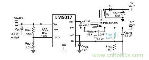 基于 LM5017 的 Fly-Buck 轉(zhuǎn)換器電路，沒有基于光耦合器的穩(wěn)壓電路