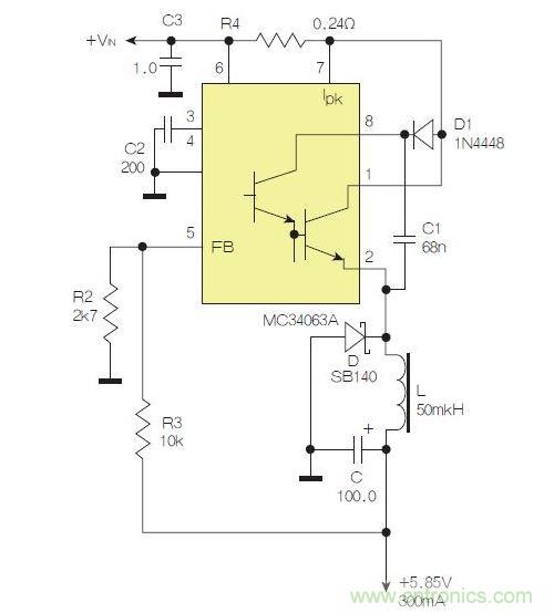 采用降壓配置中廣為使用的MC33063/MC34063的一個示例。