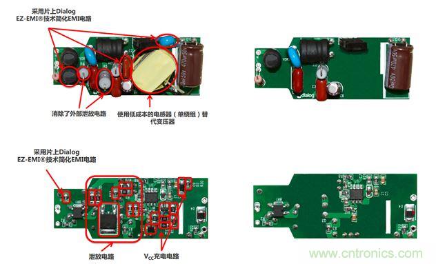 iW3688消除了20 多個外部元器件,降低BOM成本達20%~25%(左右分別為方案對比,上下為PCB正反面)