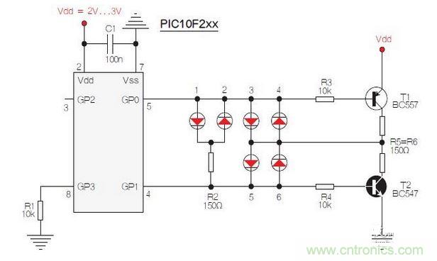 測試選擇PIC10F200，固件以兩個(gè)獨(dú)立、簡單的匯編程序源代碼的方式提供。