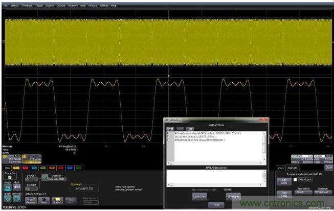這個(gè)嵌入式MATLAB腳本用于解調(diào)調(diào)頻載波，并顯示調(diào)制波形。編輯框允許用戶不離開示波器環(huán)境就能完成腳本的創(chuàng)建或編輯。