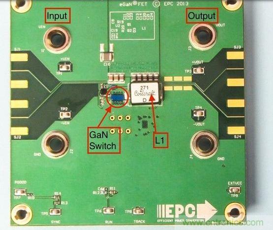 演示板用于顯示GaN的EMI。該GaN組件被圈定，我會(huì)在L1左側(cè)測(cè)量切換的波形。