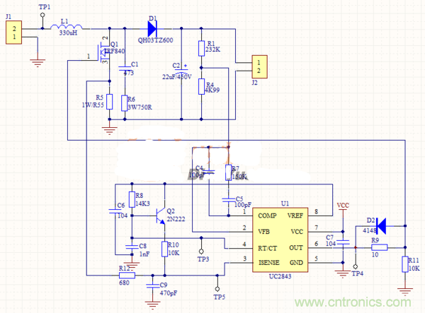 升壓芯片UC2843為什么不能正常工作?