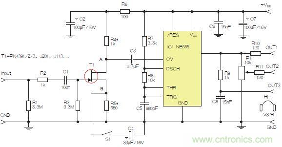 圖2:含JFET輸入和NE555的耳機/線路驅動器。