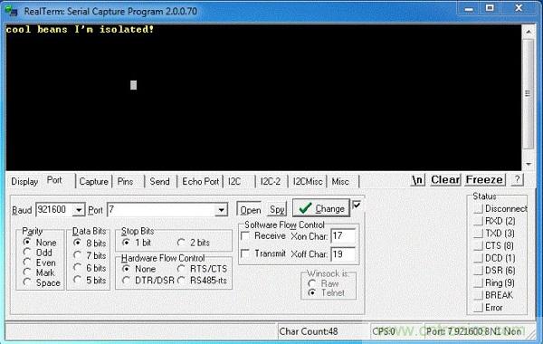 圖6:隔離型USB-to-UART轉換器的環回測試。