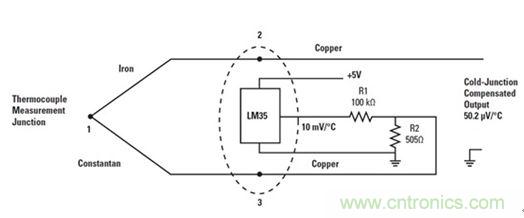 圖3:將LM35用于熱電偶冷接點補償