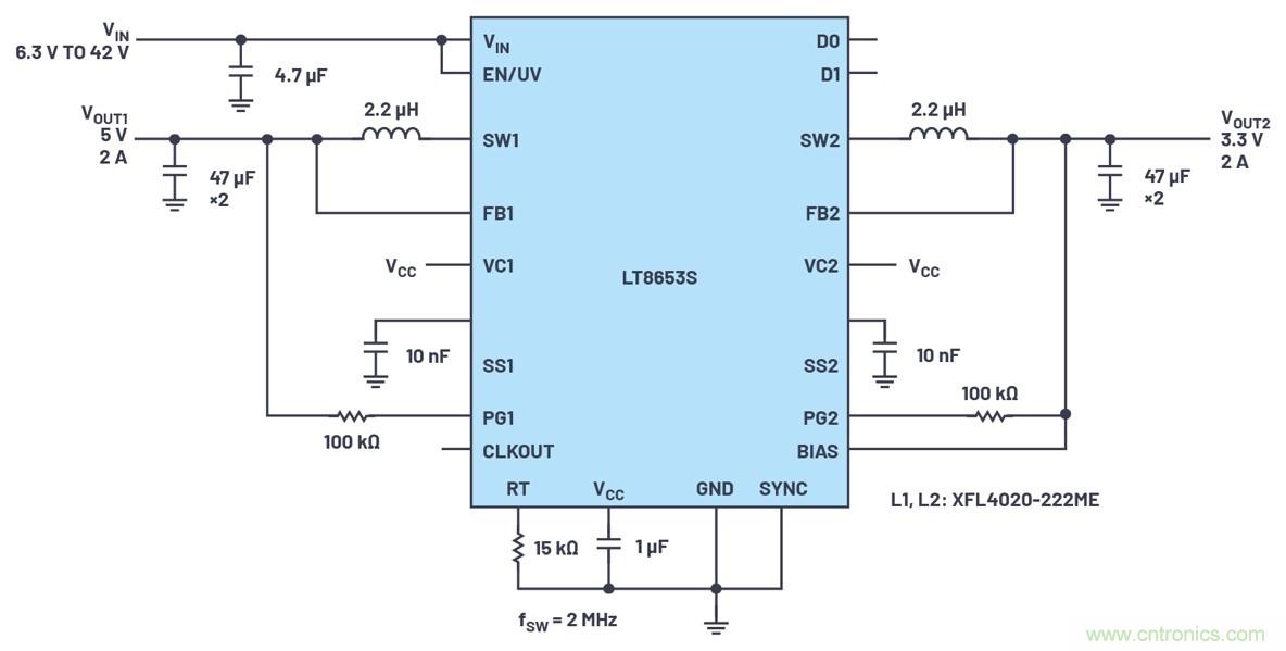 具有6.2 &micro;A靜態電流的雙通道、42 V、2 A、單片、同步降壓型Silent Switcher 2穩壓器