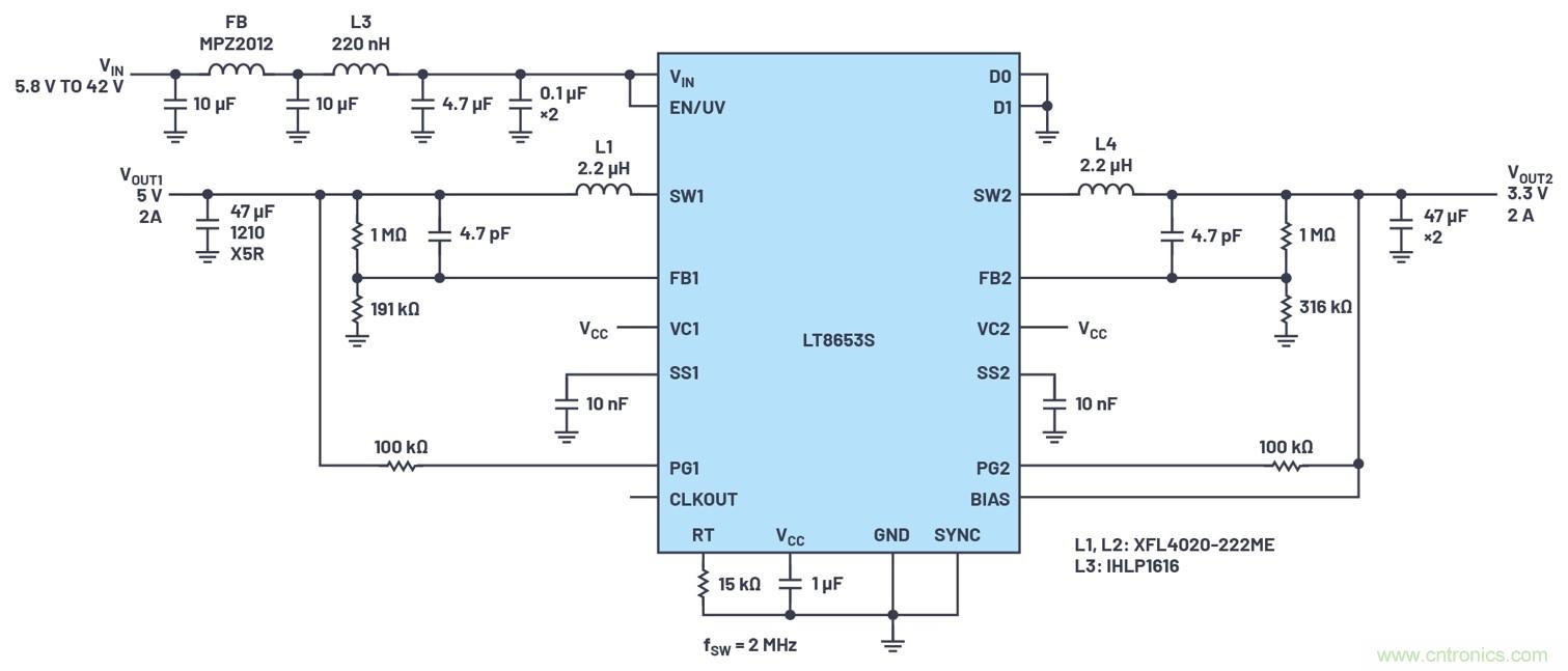 具有6.2 &micro;A靜態電流的雙通道、42 V、2 A、單片、同步降壓型Silent Switcher 2穩壓器
